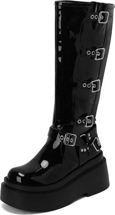 Generic Womens Patent Leather Platform Boots with Buckle Round Toe Knee High Boots Block Heel Gothic Punk Boot,Black1,7.5 UK