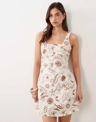 Nobody's Child Connie - Vestito corto a trapezio con scollo squadrato in misto lino color crema multicolore-Bianco