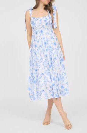 August Sky Shoulder Tie Floral Midi Dress in Blue Multi at Nordstrom Rack, Size Large