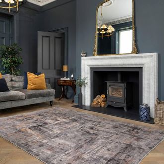 Kukoon Abstract Design Cotton Chenille Rug Grey Gold Machine Washable in Dark Grey | Size: 240 cm x 330 cm