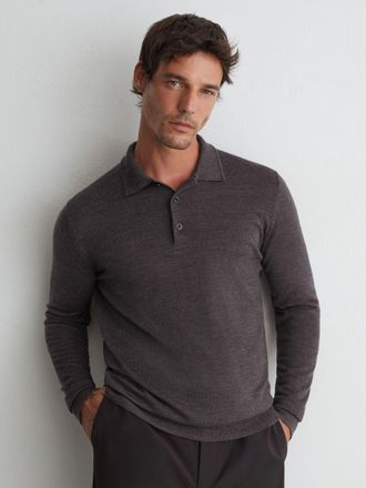 Reiss Dark Wicker Brown Merino Wool Long-sleeve Polo Shirt, Xxl