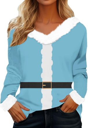 Generic Women Christmas Jumper Funny Faux Fur Trim V Neck Pullover Long Sleeve Lightweight Jumper Loose Comfy Pullover Xmas Party Outfits Tops for Tunic Hoodi