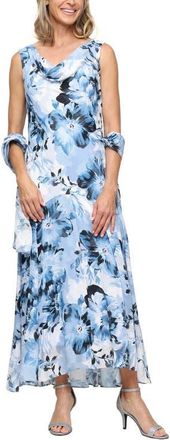 Alex Evenings Floral Burnout Chiffon Gown with Shawl in Blue Hydrangea Multi at Nordstrom, Size 12