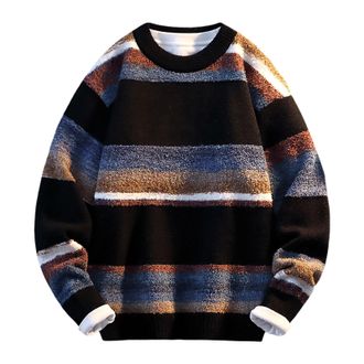 Generic Mens Jumper UK Knitted Look Casual Knit Warm Mens Sweaters Knitwear Thermal Crew Neck Print Jumpers for Men UK Designer Loose Fit Thickened Fleece Pul