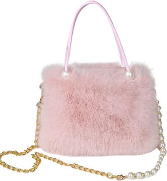 Generic Womens Plush Bags Fluffy Pearl Chain Womens Bag Purses And Handbags Plush Shoulder Underarm Small Square(Pink)