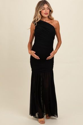 Pinkblush Ruched Mesh One Shoulder Maxi Dress in Black at Nordstrom, Size Medium