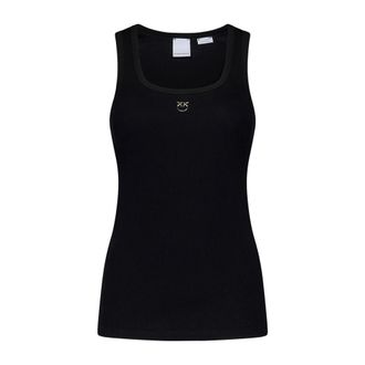 Pinko Sleeveless Tops, female, Black, L, Ribbed Tank Top Smiley Detail