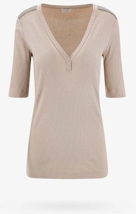 Brunello Cucinelli Beige Ribbed V-Neck Top, Size X-Large