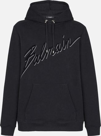 Balmain Mens Balmain Flocked Script Logo Hoodie in Black - Size: 42