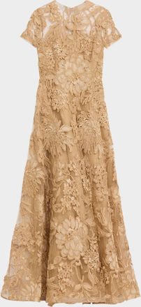 Naeem Khan Floral Raffia Short-Sleeve Gown