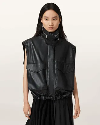 AllSaints Clay Funnel Neck Leather Gilet