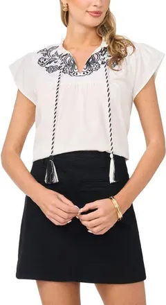 Vince Camuto Embroidered Flutter Sleeve Cotton Top in Ultra White at Nordstrom, Size Xx-Large