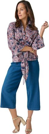 Jessica London Tie-Front Collared Blouse in Navy Refined Paisley at Nordstrom, Size 14