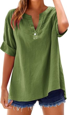 Generic Ladies Summer Linen Shirt Tops for Women UK Plus Size V Neck T Shirts Womens Short Sleeve Cotton Linen Blouses Top Tshirts 2026 Solid Color Button up 