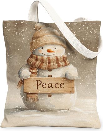 Generic Winter Snow Man Canvas Tote Bags, Peaceful Design Reusable Grocery Bags, Rustic Lightweight Washable Shoulder Strap for Tra, Beige, 13x15 Inch