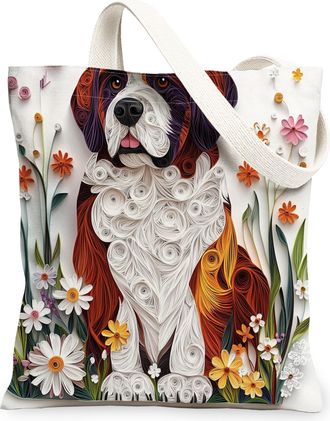 Generic Paper Quilling St. Bernard Dog Canvas Tote Bag for Shopping 13x15, Fun Wildflower Puppy Reusable Grocery Print Pattern Bag for Women, Pet Beach Aesthe