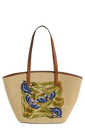 Farm Rio Large Embroidered Raffia Basket Tote in Sunny Paradise Embroidery at Nordstrom