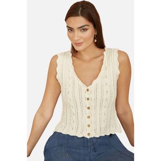 Yumi V Neck Button Down Crochet Knitted Top in Ivory at Nordstrom, Size Medium