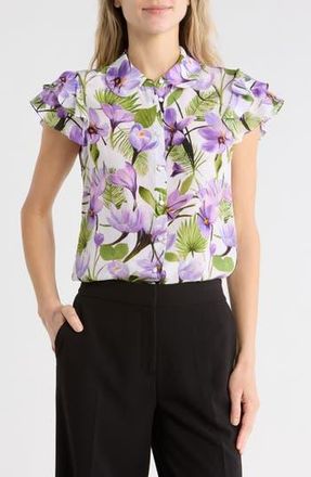 Alice & Olivia Ziggy Ruffle Cap Sleeve Top in Floral Palm Cream at Nordstrom Rack, Size X-Small