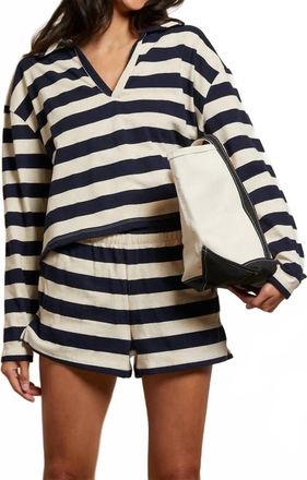 perfectwhitetee Alison Stripe Jersey Collard Shirt In Natural/navy