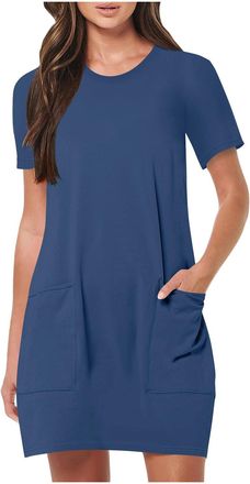 Generic Womens Short Dress Short Sleeve Womens Light Beach Dress with Pockets Dresses Straight Cut Dresses Loose Casual T-Shirt Round Neck Summer Dresses (Blu