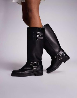 Public Desire Sirius - Stivali al ginocchio bassi neri con dettagli stile imbracatura-Nero