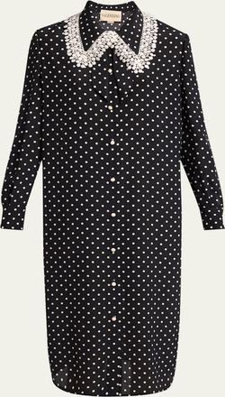Valentino Garavani Polka-Dot Silk Lace-Collar Midi Shirtdress