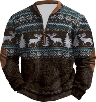 Generic Mens Christmas Jumpers 1/4 Zip Fleece Ugly Christmas Sweatshirt Pullover Men Long Sleeve Plus Size Funny Printed Xmas Jumper Winter Thermal Warm Cosy 