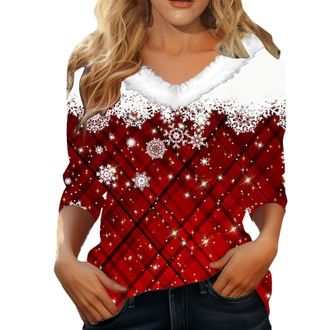 Generic Christmas Tops for Women UK Fashion Sparkly Christmas Tree Printed Jumppers Pllush For Collar V Neck Pullover Sweatshirt Ladies Casual Long Sleeve Shi