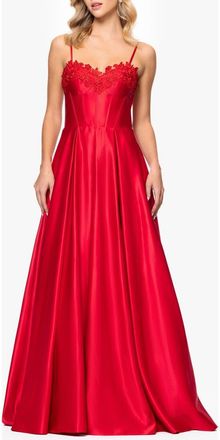 Blondie Nites Floral Appliqué Lace-Up Satin Ballgown in Red at Nordstrom, Size 11