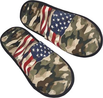 Generic Lightweight Cotton Slipper American flag Camouflage print Fluffy Slipper Comfortable Home Slippers for Travel Hotels Family L