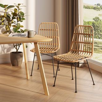 VonHaus Rattan Wicker Effect with Metal Legs Dining Chairs Set in Natural | Size: 2 Pack