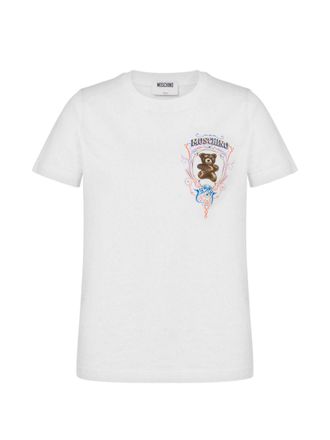 Moschino Short-Sleeved White Top With Colorful Teddy Bear Graphic