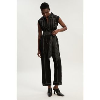 Karen Millen Premium Linen Woven Jumpsuit in Black at Nordstrom, Size 12