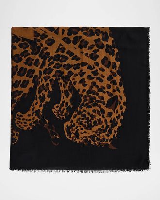 Saint Laurent Cassandre Leopard Wool Twill Scarf