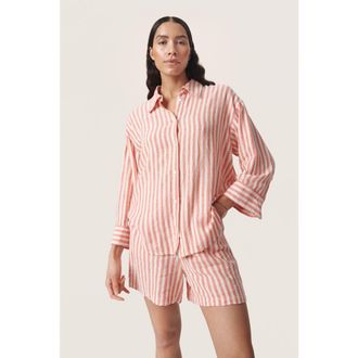 Soaked In Luxury Belira Casual Fit Shirt in Hot Coral Stripes at Nordstrom, Size Xx-Large