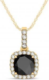 Allurez Black Onyx & Diamond Halo Cushion Pendant Necklace 14k Yellow Gold (1.66ct)