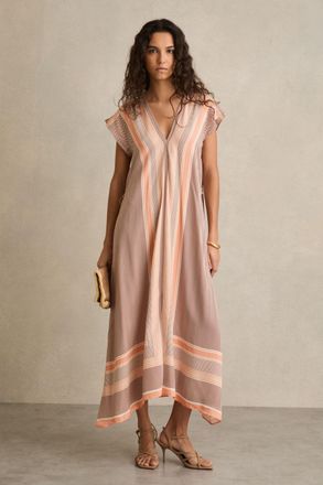 Reiss Womens Pink & Orange Printed Belted Midi Dress, Size: 10