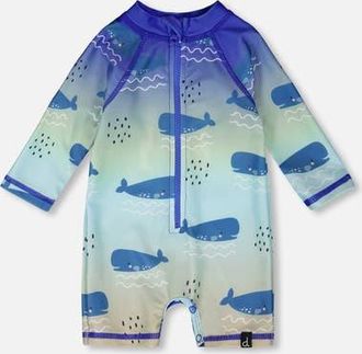 Deux par Deux One-Piece Long Sleeve Whale Print Rashguard in Blue Whale Print at Nordstrom, Size 12-18M