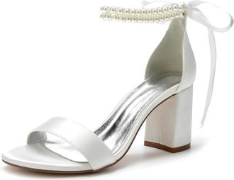 Generic Wedding Shoes Womens Open Toe Heels Bride High Heels Sandals Satin Bridal Chunky Heels Ankle Strap Evening Party 8Cm,Ivory,10 UK