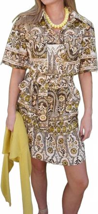 Olivaceous Vintage Paisley Belted Mini Dress In Beige