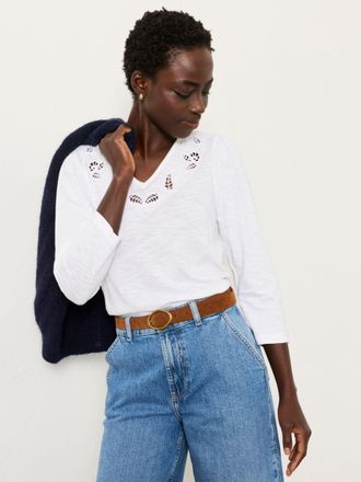 Fat Face FatFace Ria White V Neck Broderie Top