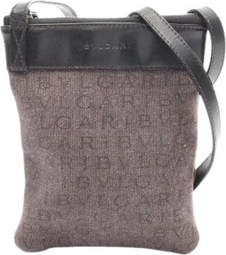 Bulgari Pre-owned Logo Mania Canvas Leren Schoudertas - Dames - Vintage Schoudertas - Grijs - ONE Size - Leer - Vintage