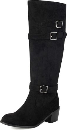 Generic Womens Pull on Western Cowboy Boot with Buckle Block Heel Knee High Boots Round Toe Faux Suede Long Boots,Black,3.5 UK