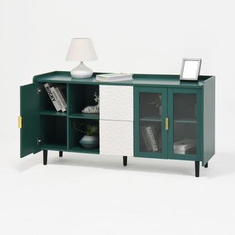 STILVORA Aparador Con 2 Puertas De Cristal Y 2 Cajones, 2 Huecos Abiertos, Estilo Moderno, En Mdf, 146&times;40&times;90 Cm, Verde