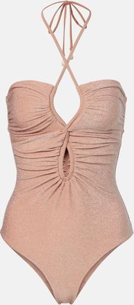 Johanna Ortiz Cutout ruched halterneck lame swimsuit