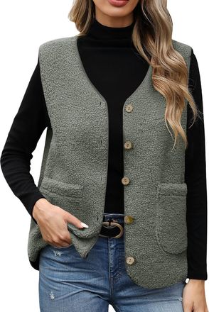Generic Womens Teddy Gilet Sleeveless Sherpa Fleece Jacket Solid V Neck Button Down Fuzzy Vest Fluffy Autumn Teddy Bear Coat Cropped Vest Jacket Cute Plush Wa