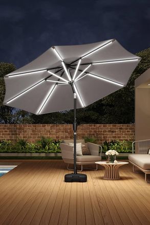 Living and Home Large Solar Powered LED Patio Umbrella for Outdoor Garden Patio with Base in Light Grey