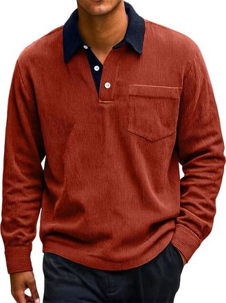 Generic Rugby Shirts for Men Corduroy Shirt Men Long Sleeve Pocket Collared Polo Sweatshirts Fall Winter Warm Quarter Button Up Rugby Work Shirts Brick Red XL