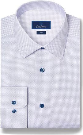 David Donahue Trim Fit Micro Geometric Print Stretch Dress Shirt in White/lilac at Nordstrom, Size 14.5